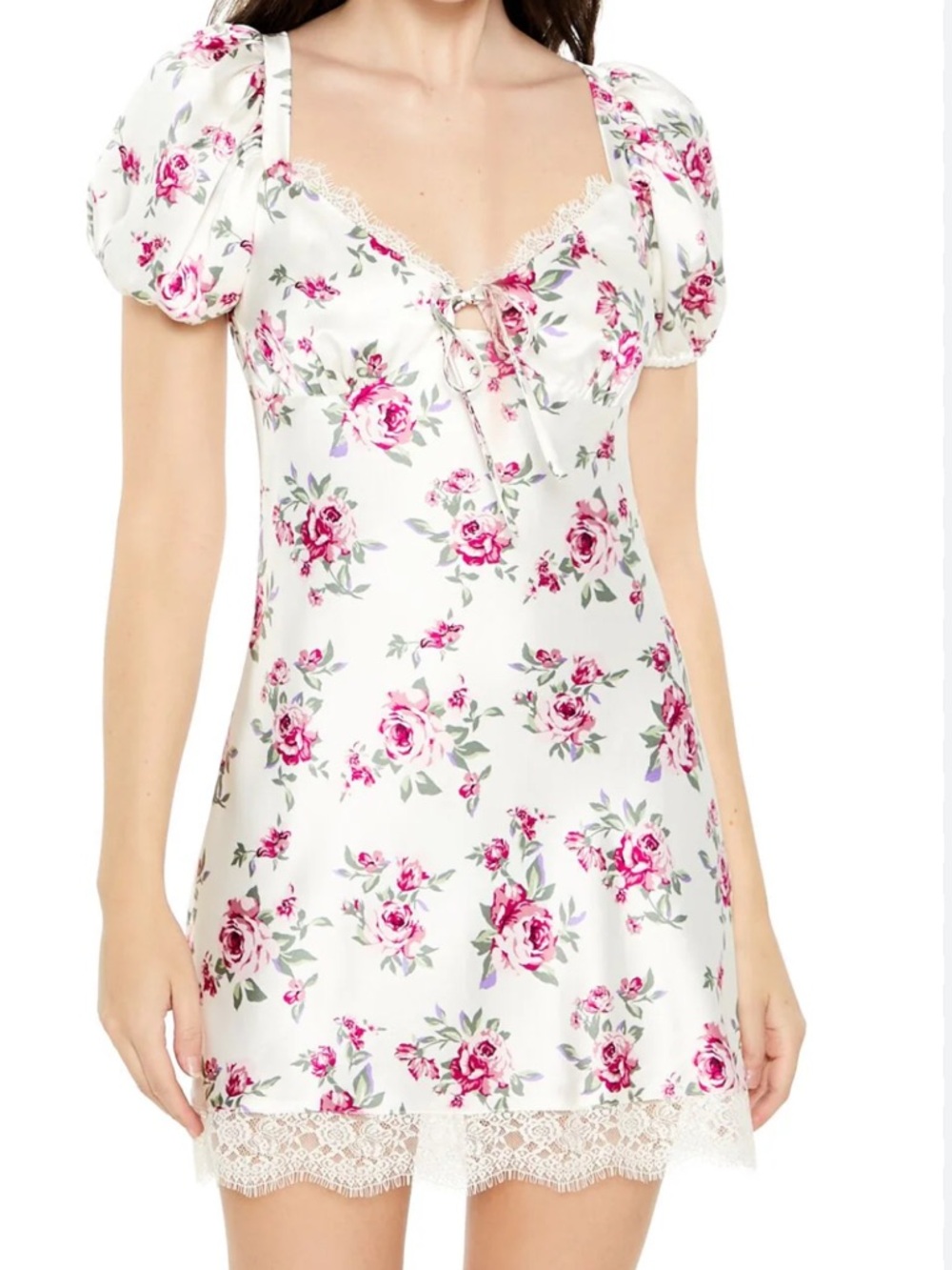 Forever 21 White Satin Puff Cottage Vintage style Pink Floral Print dress